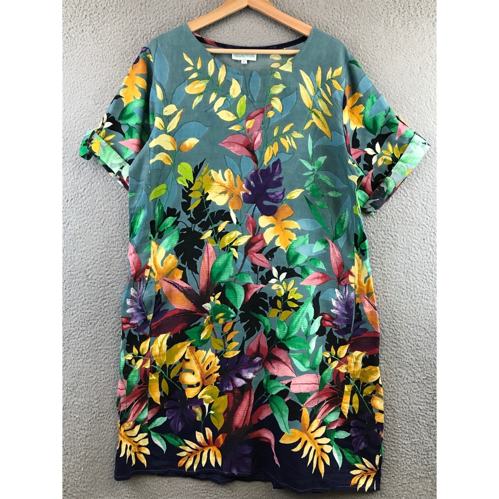 Marila Tropical Leaf Print Shift Dress Womens Large Short Sleeve